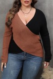 Brown Casual Patchwork Contrast V Neck Plus Size Tops