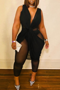 Black Sexy Casual Solid Patchwork See-through V Neck Plus Size Jumpsuits