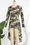 Camouflage Elegant Letter Leopard Camouflage Print Patchwork Printing O Neck Irregular Dress Dresses