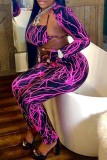 Purple Sexy Casual Print Frenulum Halter Long Sleeve Three Piece Set