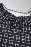 Black Casual Plaid Print Patchwork Frenulum V Neck Short Sleeve Dress