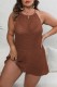 Coffee Sexy Casual Solid Bandage Backless O Neck Beach Dress