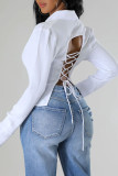 White Sexy Solid Bandage Patchwork Buttons Backless Turndown Collar Tops