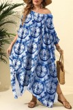 Blue Casual Print Slit Long Dress Plus Size Dresses