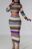 Stripe Sexy Sweet Striped Patchwork Turtleneck Long Sleeve Two Pieces