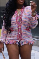 Multicolor Casual Patchwork Weave V Neck Outerwear (Subject To The Actual Object)