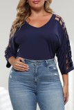 Purplish Red Casual Solid Hollowed Out V Neck Plus Size Tops