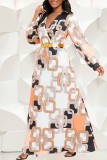 Multicolor Casual Print Patchwork With Belt V Neck Long Sleeve Dresses