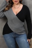 Grey Casual Patchwork Contrast V Neck Plus Size Tops