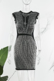 Red Sexy Patchwork Hot Drilling Tassel See-through O Neck Sleeveless Dress (Subject To The Actual Object)