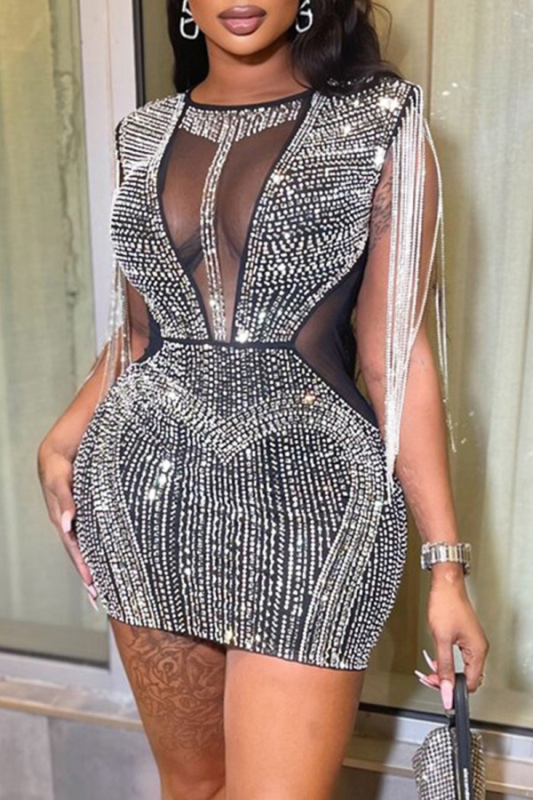 Black Sexy Patchwork Hot Drilling Tassel See-through O Neck Sleeveless Dress (Subject To The Actual Object)