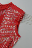 Red Sexy Patchwork Hot Drilling Tassel See-through O Neck Sleeveless Dress (Subject To The Actual Object)
