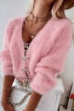 Pink Casual Daily Solid Cardigan With Bow Rhinestone V Neck Outerwear