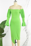 Green Casual Solid Backless Asymmetrical Off the Shoulder Long Sleeve Dresses