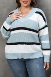 Baby Blue Casual Striped Patchwork V Neck Plus Size Tops