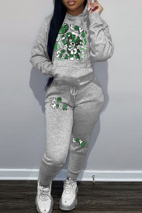 Grey Casual Print Patchwork Hooded Collar Long Sleeve Two Pieces