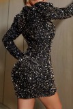Gold Sexy Casual Patchwork Sequins V Neck Long Sleeve Dresses