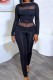 Black Casual Solid Patchwork See-through O Neck Long Sleeve Two Pieces