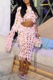 Pink Sexy Solid Hollowed Out O Neck Long Sleeve Two Pieces