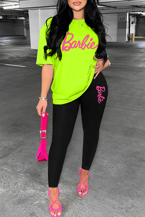 Fluorescent Green Casual Letter Print Basic O Neck Long Sleeve Two Pieces