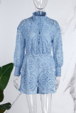 Light Blue Casual Solid Buckle Mandarin Collar Long Sleeve Two Pieces