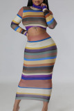 Stripe Sexy Sweet Striped Patchwork Turtleneck Long Sleeve Two Pieces