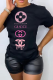 Black Casual Street Print Letter O Neck T-Shirts