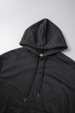 Black Vintage Character Draw String Hooded Collar Tops