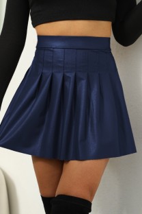 Navy Blue Casual Solid Pleated Skinny High Waist Conventional Patchwork Skirts
