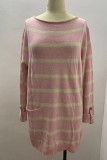 Pink Casual Striped Contrast O Neck Tops