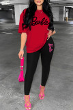 Rose Red Casual Letter Print Basic O Neck Long Sleeve Two Pieces