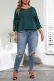 Rose Red Casual Solid Hollowed Out V Neck Plus Size Tops