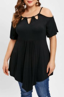 Black Casual Solid Hollowed Out Frenulum O Neck Plus Size Tops