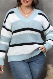Green Casual Striped Patchwork V Neck Plus Size Tops