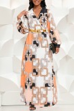 Multicolor Casual Print Patchwork With Belt V Neck Long Sleeve Dresses