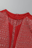 Red Sexy Patchwork Hot Drilling Tassel See-through O Neck Sleeveless Dress (Subject To The Actual Object)