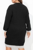 Black Casual Patchwork Contrast V Neck Long Sleeve Plus Size Dresses (Without Belt)
