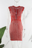 Red Sexy Patchwork Hot Drilling Tassel See-through O Neck Sleeveless Dress (Subject To The Actual Object)