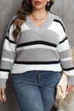 Lake Green Casual Striped Patchwork V Neck Plus Size Tops