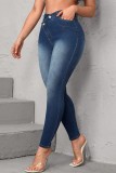 Light Blue Casual Solid Patchwork High Waist Skinny Denim Jeans
