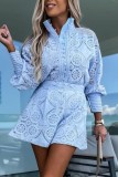 White Casual Solid Buckle Mandarin Collar Long Sleeve Two Pieces