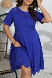 Blue Casual Solid Hollowed Out O Neck Short Sleeve Dress Plus Size Dresses