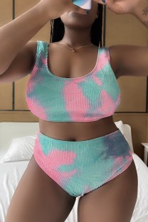Colour Casual Print Tie Dye Basic U Neck Plus Size Swimwear (With Paddings)