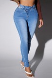 Deep Blue Casual Solid Patchwork High Waist Skinny Denim Jeans