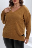 Camel Casual Solid Hollowed Out V Neck Plus Size Tops