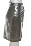 Dark Gray Casual Solid Patchwork Skinny Mid Waist Conventional Solid Color Skirt
