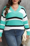 Green Casual Striped Patchwork V Neck Plus Size Tops