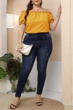 Yellow Casual Solid Basic Off the Shoulder Plus Size Tops