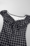 Black Casual Plaid Print Patchwork Frenulum V Neck Short Sleeve Dress