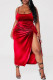 Red Sexy Solid Patchwork Slit Fold Spaghetti Strap Sling Dress Dresses